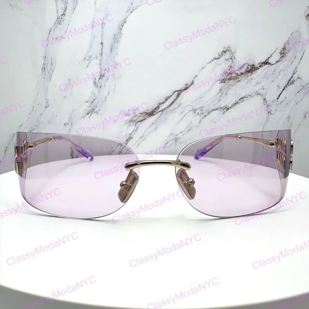New MIU MIU Sunglasses Pale Gold Pink Lens Wrap Rimless AUTHENTIC Runway 2025